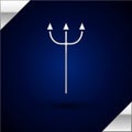 Silver Neptune Trident icon isolated on dark blue background. Vector Illustration. Royalty Free Stock Photo