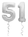 Silver number fifty one 51 made of inflatable balloon with ribbon on white