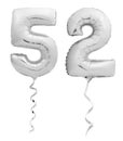 Silver number fifty two 52 made of inflatable balloon with ribbon on white Royalty Free Stock Photo