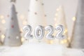 Silver number 2022 on nandmade Christmas trees background. Yarn wrapped cone trees and garland on background