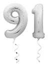 Silver number ninety one 91 made of inflatable balloon with ribbon on white Royalty Free Stock Photo