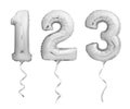 Silver numbers 1, 2, 3 made of inflatable balloons with ribbons isolated on white Royalty Free Stock Photo