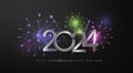 2024 silver numbers with multi-colored firework lights. Happy new year 2024 banner with flickering fireworks. Dark