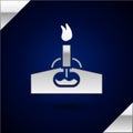 Silver Oil rig with fire icon isolated on dark blue background. Gas tower. Industrial object. Vector Illustration Royalty Free Stock Photo