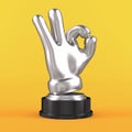Silver ok gesture hand Trophy on yellow background. Isolated 3d render illustration