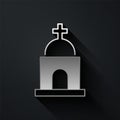 Silver Old crypt icon isolated on black background. Cemetery symbol. Ossuary or crypt for burial of deceased. Long