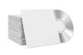 Silver Old Vinyl Record Disk in Blank Paper Case with Free Space for Your Design near Stack of Record Disk. 3d Rendering