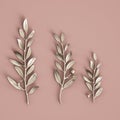 Silver olive branche sculpture on pastel pink background. 3d rendering