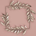 Silver olive branche sculpture on pastel pink background. 3d rendering