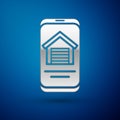 Silver Online real estate house on smartphone icon isolated on blue background. Home loan concept, rent, buy, buying a Royalty Free Stock Photo