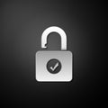 Silver Open padlock icon isolated on black background. Opened lock sign. Cyber security concept. Digital data protection Royalty Free Stock Photo