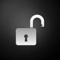 Silver Open padlock icon isolated on black background. Opened lock sign. Cyber security concept. Digital data protection Royalty Free Stock Photo