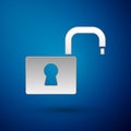 Silver Open padlock icon isolated on blue background. Opened lock sign. Cyber security concept. Digital data protection Royalty Free Stock Photo