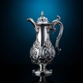 Silver oriental teapot on a dark blue background with reflection