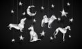 Silver origami dogs in the night sky. Chinese New Year illustration.