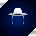 Silver Orthodox jewish hat with sidelocks icon isolated on dark blue background. Jewish men in the traditional clothing