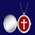 Christian Cross, Silver Oval Locket, Red Background