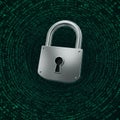 A silver padlock is centrally positioned against a swirling backdrop of binary code. The Royalty Free Stock Photo