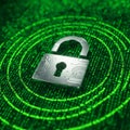Silver padlock with circuit-like patterns is centered over a background of green binary Royalty Free Stock Photo