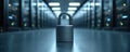 Silver padlock locks secure server racks in modern data center. Digital data storage protected with physical lock. Tech security, Royalty Free Stock Photo