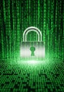 A silver padlock is prominently displayed amidst cascading green binary code, reminiscent of a Royalty Free Stock Photo