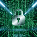 Silver padlock symbol centered against a digital background filled with cascading green binary code Royalty Free Stock Photo