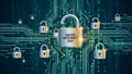 Silver padlocks on digital circuit board with binary code digital security internet safety Royalty Free Stock Photo