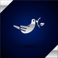 Silver Peace dove with olive branch icon isolated on dark blue background. Happy Easter. Vector Illustration Royalty Free Stock Photo