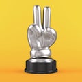 Silver peace gesture hand icon on yellow background. Showing two fingers trophy. Isolated 3d render illustration