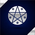 Silver Pentagram in a circle icon isolated on dark blue background. Magic occult star symbol. Vector Illustration.