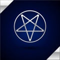 Silver Pentagram in a circle icon isolated on dark blue background. Magic occult star symbol. Vector Illustration