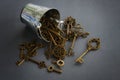 Silver pile and bunch of keys on dark vignette grey background Royalty Free Stock Photo