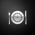 Silver Plate with clock, fork and knife icon isolated on black background. Lunch time. Eating, nutrition regime, meal Royalty Free Stock Photo