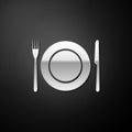 Silver Plate, fork and knife icon isolated on black background. Cutlery symbol. Restaurant sign. Long shadow style Royalty Free Stock Photo