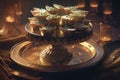 A silver plate topped with cupcakes on top of a table. Generative AI image.