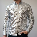 Silver Plated Button Down Shirt With Shiny Bumpy Texture