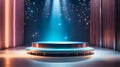 Silver platform on festive stage background with blue light beam in the middle