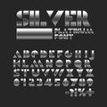 Silver platinum stencil font. Metallic shiny alphabet. Geometric letters and numbers