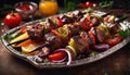 Silver platter with meat and vegetables on it Royalty Free Stock Photo
