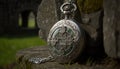 a silver pocket watch sitting on top of a stone wall. generative ai