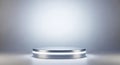 Silver podium with glowing white light strip on reflective surface stage platform Royalty Free Stock Photo