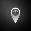 Silver Pointer map with wifi internet signal connection icon isolated on black background. Long shadow style. Vector