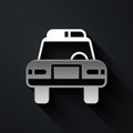 Silver Police car and police flasher icon isolated on black background. Emergency flashing siren. Long shadow style Royalty Free Stock Photo