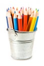 Silver pot of crayons Royalty Free Stock Photo