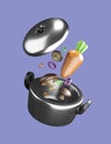 Silver pot and lid with vegetable or food 3d render isolate background.