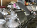 Silver Pots and pans in Surat Thani, Thailand temple. Royalty Free Stock Photo