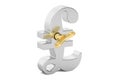 Silver pound sterling symbol with wind-up key, 3D rendering