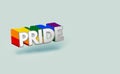 Silver PRIDE word with rainbow outline. LGBTQ pride month symbol concept. Isolated on pastel green background with copy space. 3D