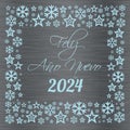 Silver and light blue square wish card new year 2024 in spanish with stars and snowflakes