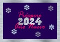 Silver and purple greeting card Happy New Year 2024 in spanish in pink with snowflakes